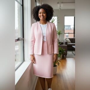 Vintage Pink Skirt Suit Set Blevie Size 14 Textured Knit Jacket Skirt Made USA